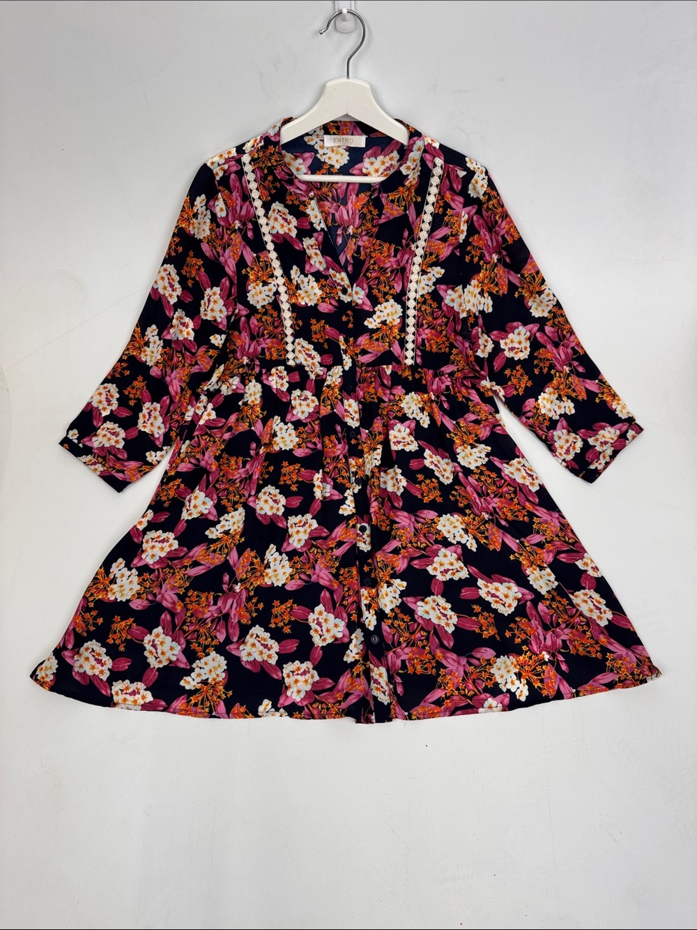 Entro Navy Floral Button Up Tunic Dress with Pink and Orange Blooms Size Large